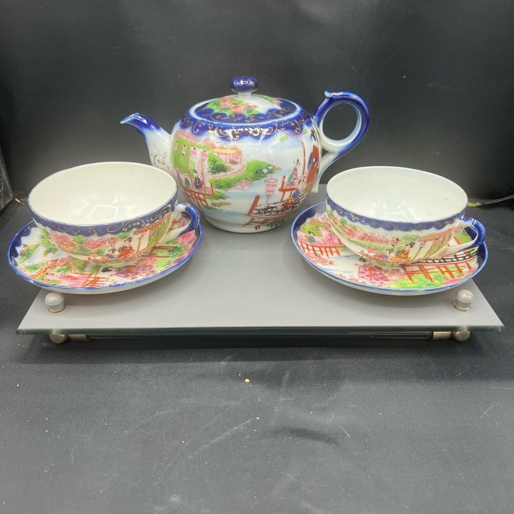 Antique Japanese Kutani Geisha Tea Set - 6 Pieces